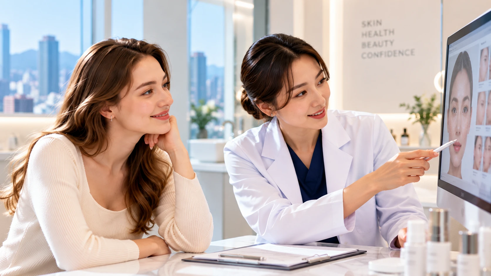 Doctor and patient discussing a treatment plan on screen