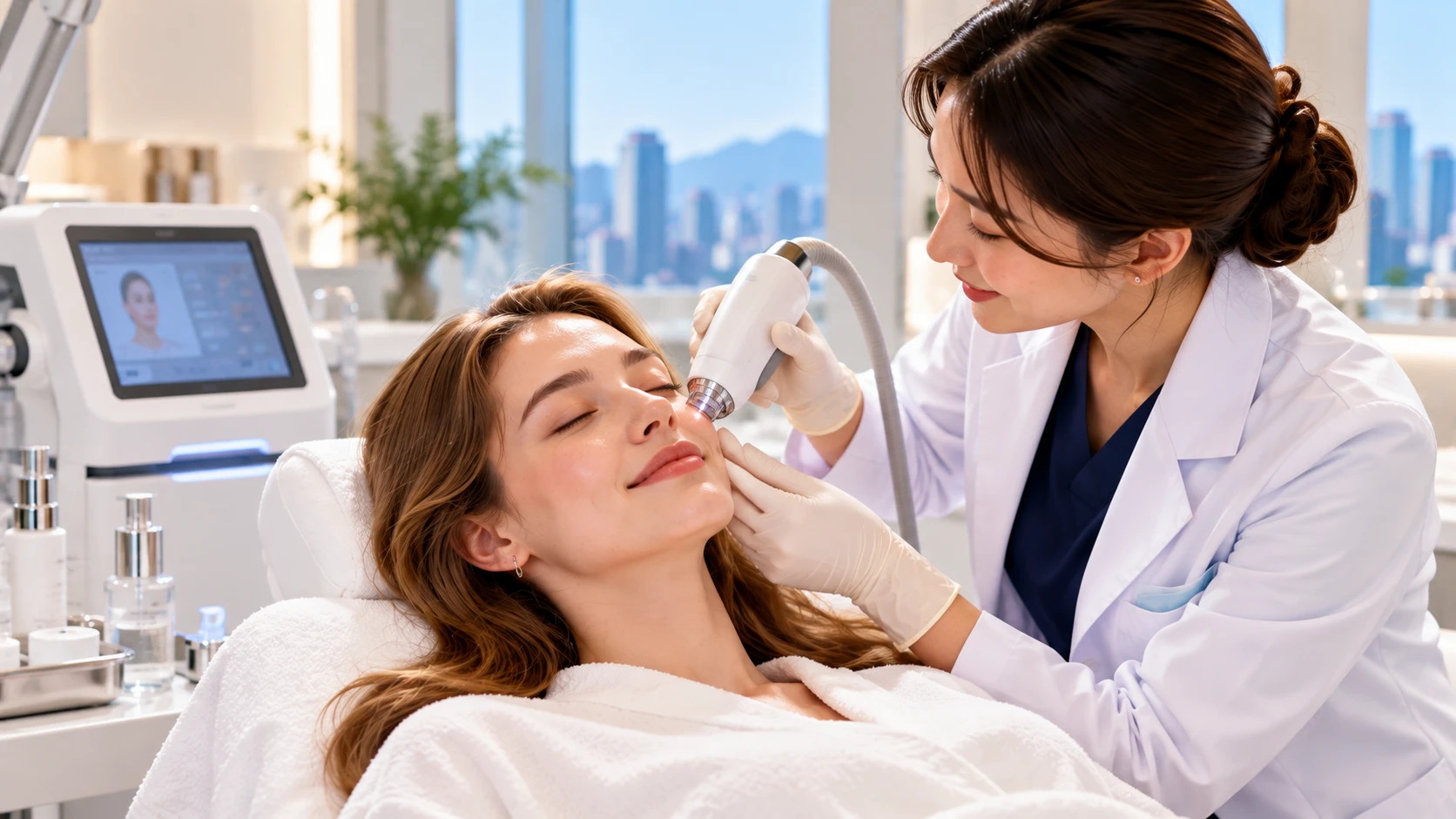 Doctor performing a laser skin treatment procedure in a Korean dermatology clinic